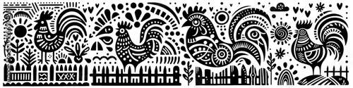 Hand‑Drawn Rooster and Fence Illustration, Tribal Farm Folk Art Pattern Vector for Rustic Countryside and Barnyard Animal Themes Design