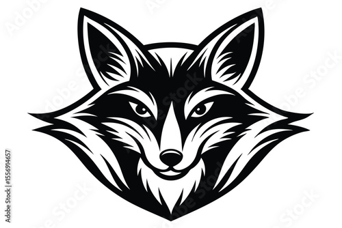 A stylized fox head stares forward with a black and white pattern style