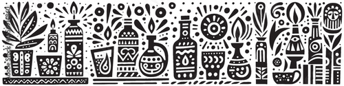 Hand‑Drawn Bottle and Candle Illustration, Tribal Cozy Folk Art Pattern Vector for Home Decor and Romantic Theme Designs