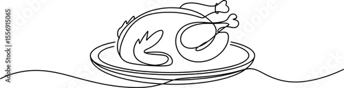 Roasted Chicken Line Art, Hand-Drawn Holiday Dinner Sketch Illustration.