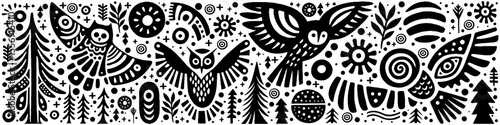 Hand‑Drawn Flying Owl Illustration, Tribal Nocturnal Folk Art Vector for Wildlife, Forest, and Mystical Nature Themes Design