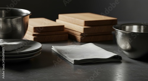 Wallpaper Mural Neatly stacked wooden planks and folded fabric napkins are arranged on a textured metallic surface, hinting at culinary preparation or artistic creation Torontodigital.ca