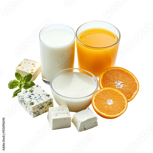 collection of dairy and fortified foods rich in calcium and vitamin d: milk, yogurt, tofu, and fortified orange juice on a white background,