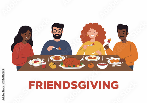 Diverse friends celebrate Friendsgiving dinner together, sharing a holiday meal with turkey and festive food.