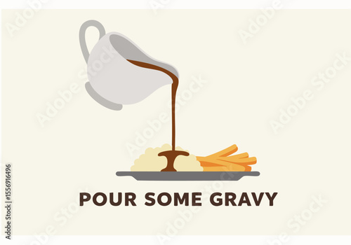 Illustration of Gravy Being Poured Over Mashed Potatoes and French Fries