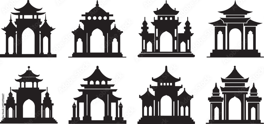 Obraz premium set of temple gate silhouette, black and white silhouette, vector and illustration