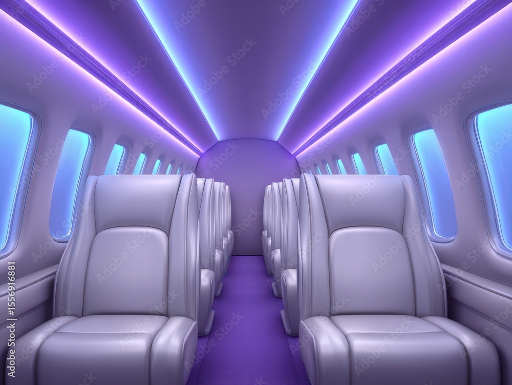 Fototapeta premium Sophisticated modern airplane interior showcasing plush seating bathed in soothing purple and blue ambient lighting evoking a sense of luxury comfort during air travel exploration