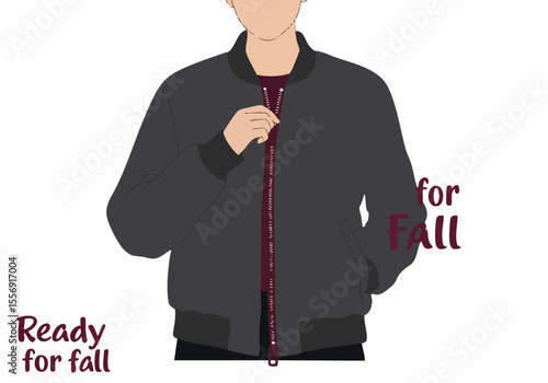 Person zipping up a grey bomber jacket, getting ready for fall weather. Illustration of casual autumn style.