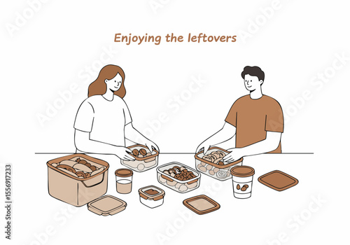 Couple happily storing and organizing leftovers and meal prep food in reusable containers at home.
