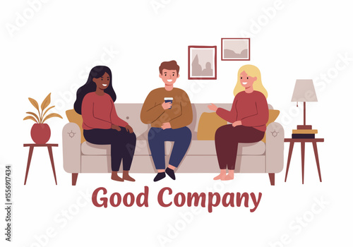 Diverse friends enjoying a relaxed conversation on a sofa at home, representing good company and social connection.