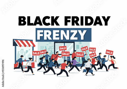 Black Friday shopping frenzy illustration with people running towards a store advertising big sales and discounts.