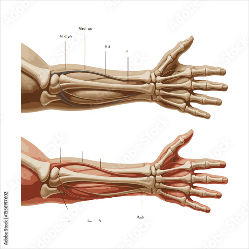 Detailed anatomical illustration of the human forearm bones and muscles