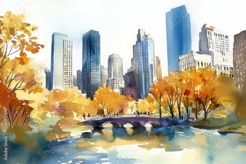 A city with a bridge over a river. The bridge is a large, arched structure. Watercolor sketch or illustration of a beautiful view of city with urban skyscrapers.
