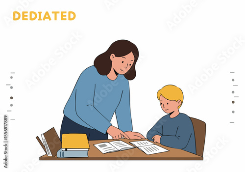Illustration of a dedicated teacher or tutor helping a young student with his schoolwork at a desk with books.
