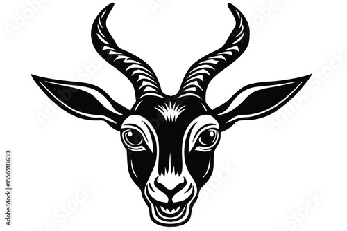 A black gazelle head stares forward with sharp, stylized features and patterned horns depicted