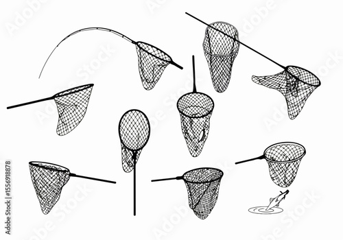 Set of hand-drawn landing nets for fishing in various positions, with one showing a fish jumping, ideal for fishing and outdoor themes