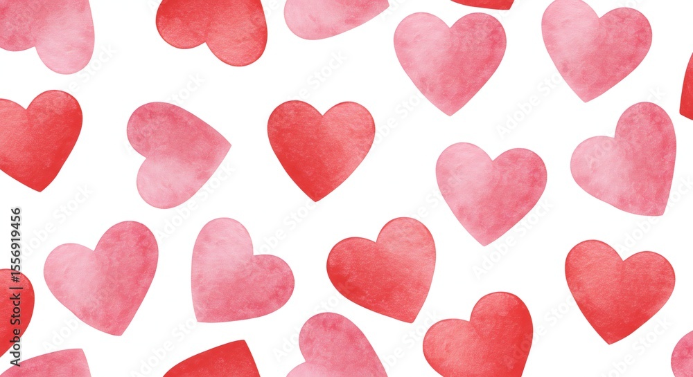 Obraz premium Colorful watercolor hearts in red and pink on a bright white background, creating a whimsical, romantic pattern with soft edges.