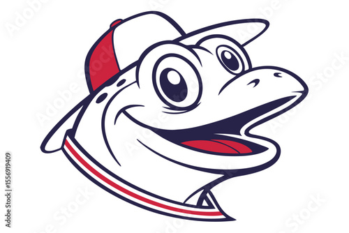 Cartoon amphibian mascot with a red and white baseball cap is smiling widely