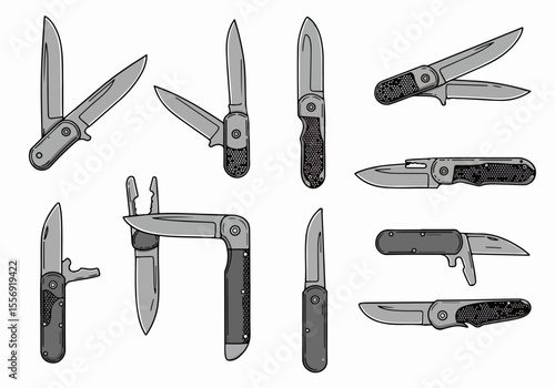 Collection of different types of folding pocket knives and a multi-tool in various open and closed positions, illustrated in grayscale on a white background.