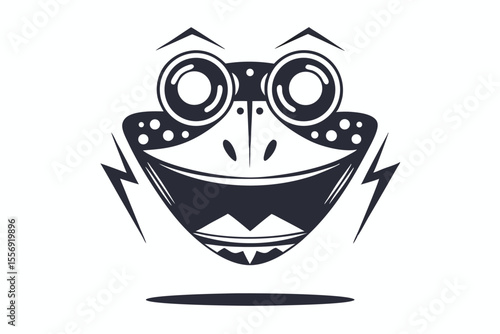 Bold, stylized frog face with enormous eyes and lightning bolt accents smiles widely