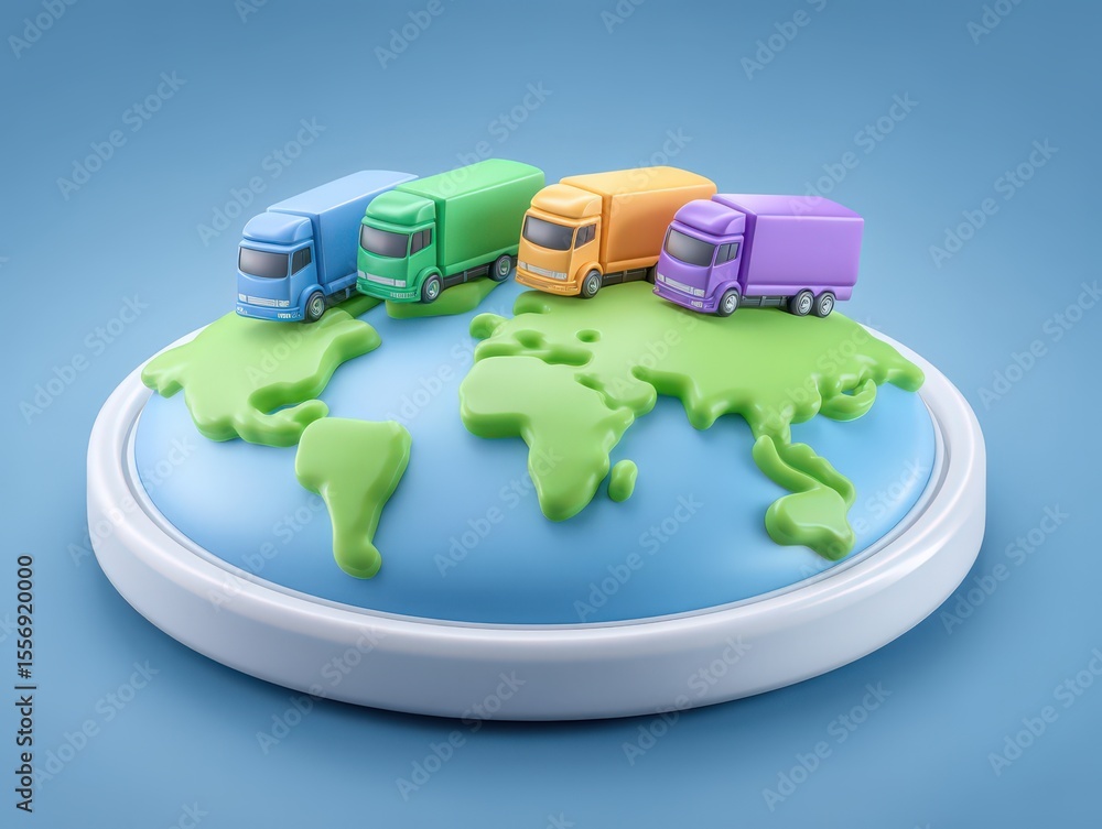 Fototapeta premium Colorful transportation trucks navigating a playful world map emphasizing logistics innovation and global supply chain connections in a dynamic business landscape