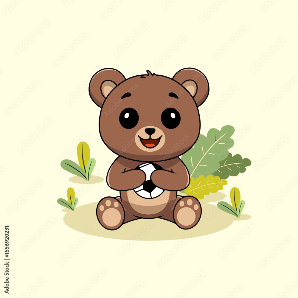 Obraz premium Cute bear holding ball in the field and nature elements