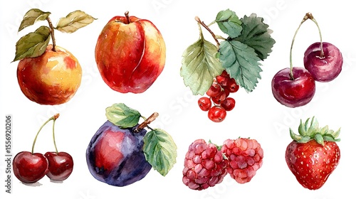Watercolor Fruit Medley Peach Apple Currant Cherry Plum Raspberry Strawberry Still Life Art Food