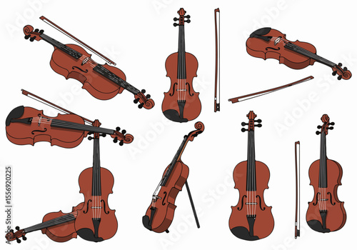 Collection of hand-drawn illustrations featuring violins and bows in various angles and perspectives, suitable for musical and artistic themes.