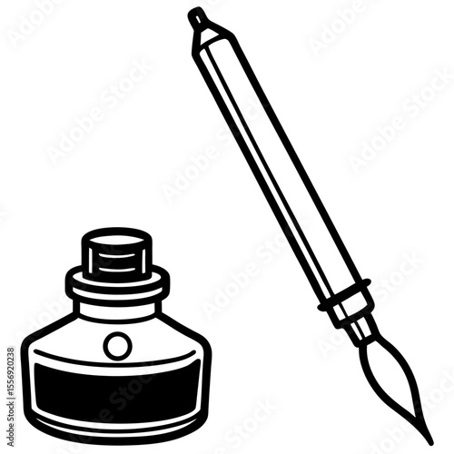 Illustration of a pen and inkwell on a white background classic writing tools