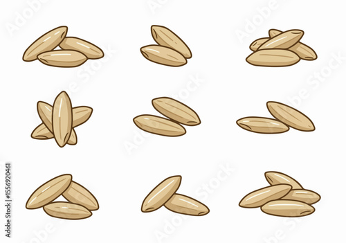 Cartoon Illustration of Oat Grains Piled on a White Background, Isolated Groups of Raw Whole Cereal Seeds