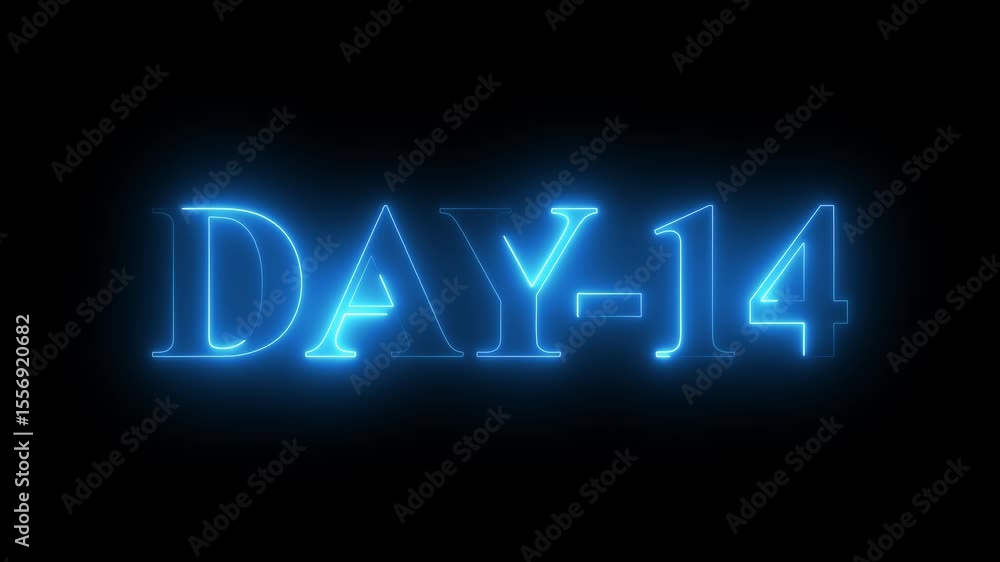 Day 14 text animation by cyan color neon on black background. neon day 14. Day 14 text animation by cyan color neon on black background. neon day 14.
