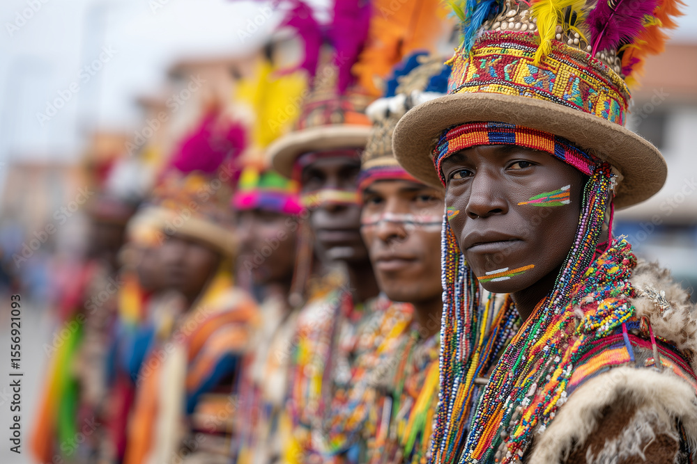Fototapeta premium Group of indigenous people performing traditional dance in colorful costumes, 