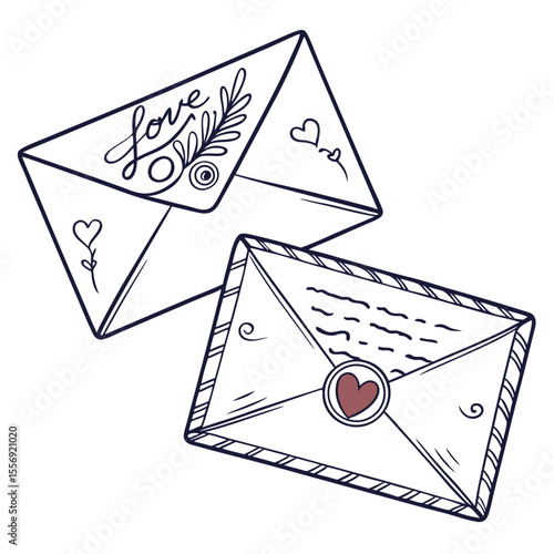 Two romantic envelopes with love message and heart seal love letter communication
