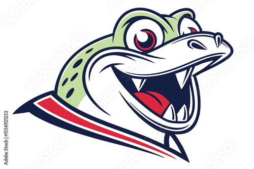 The cartoon alligator with light green skin happily displays its large white fangs widely