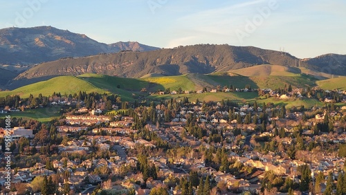 View of Mt Diablo and nearby hills on a winter evening from the hills in San Ramon