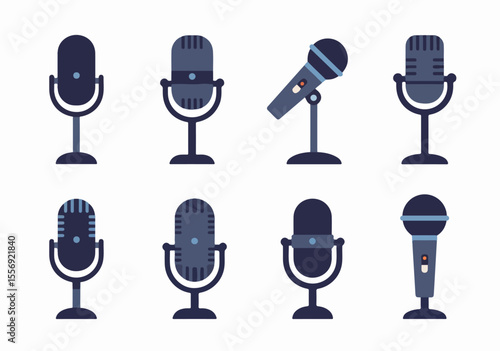 Set of flat microphone illustrations for recording, broadcasting, podcasts, and music production graphics.