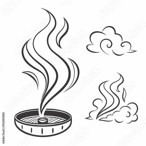 Stylized smoke plumes rising from a circular base and abstract clouds vector