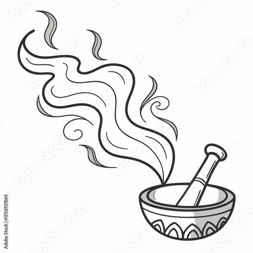 Mortar and pestle with swirling smoke and decorative bowl steam