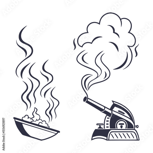 Dark blue stylized smoke rising from bowl and cannon steam vapor