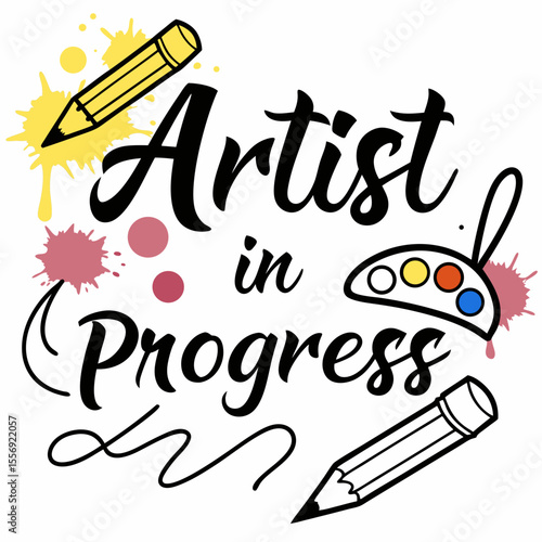 Artist in progress with pencils paint palette and splashes vector
