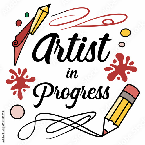 Artistic creation in progress with pencils and paint splatters drawing