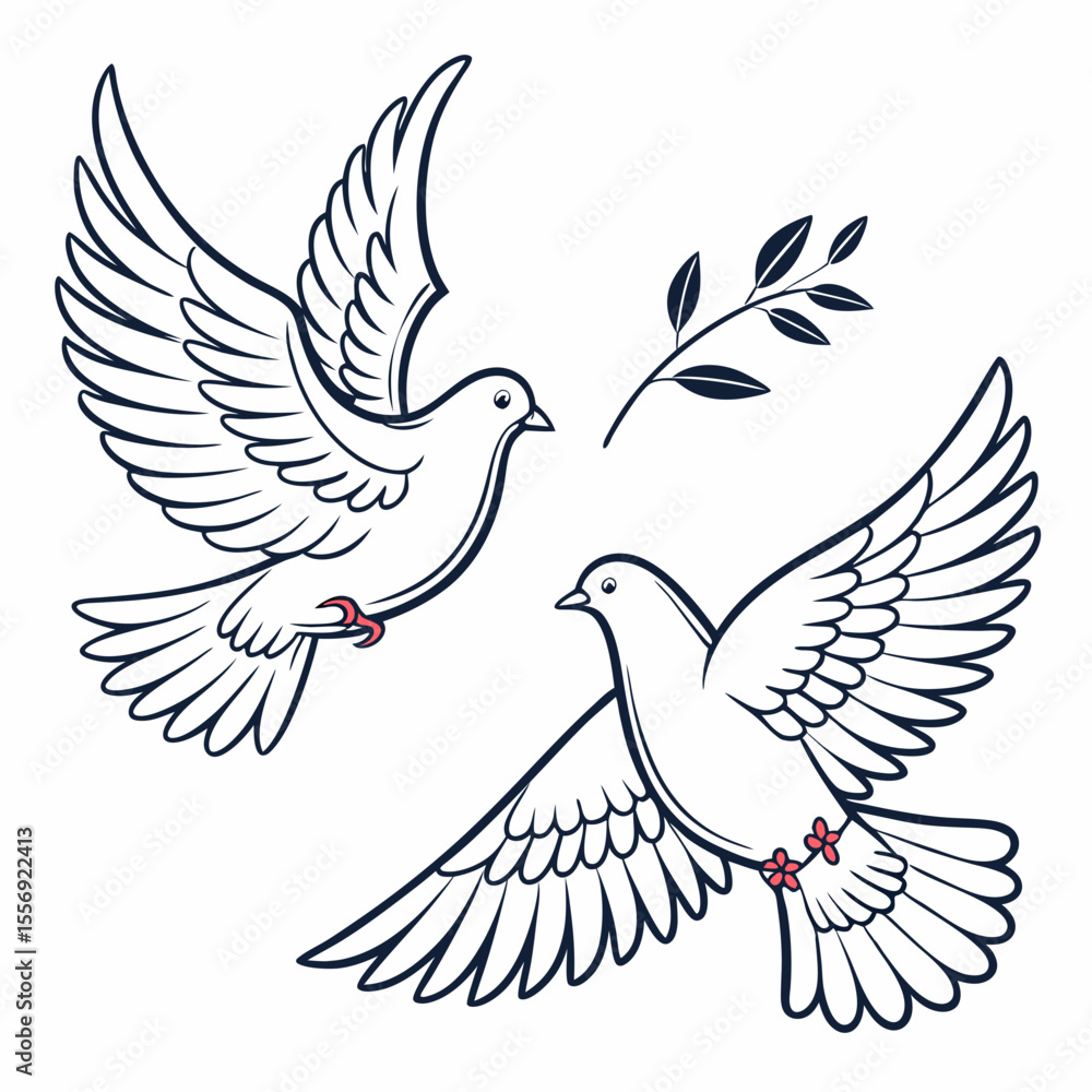 Fototapeta premium Two doves flying with olive branch bird wings