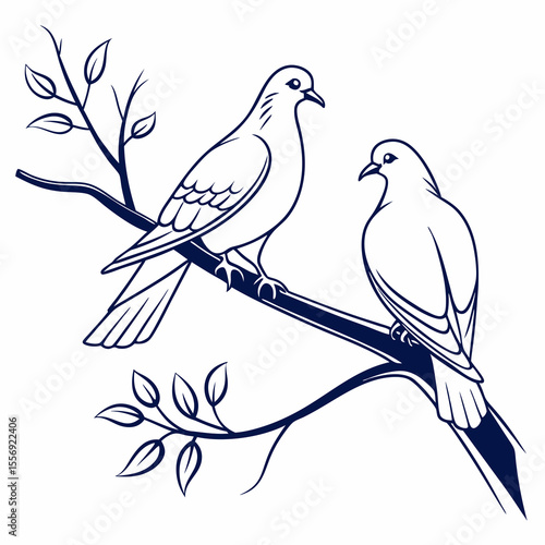Two doves perched on a branch with leaves pigeon bird