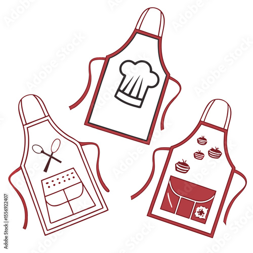 Three aprons with cooking icons on white background chef hat kitchen