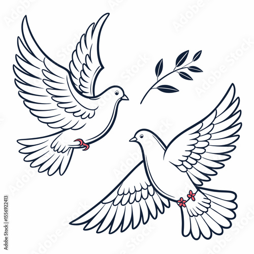 Two doves flying with olive branch bird wings