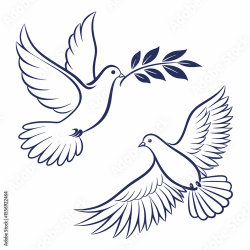 Two flying doves carrying olive branch pigeon bird