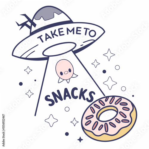 U F O beaming up pink donut with snacks text alien