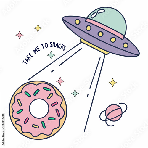 Purple U F O beaming pink donut with pastel stars space