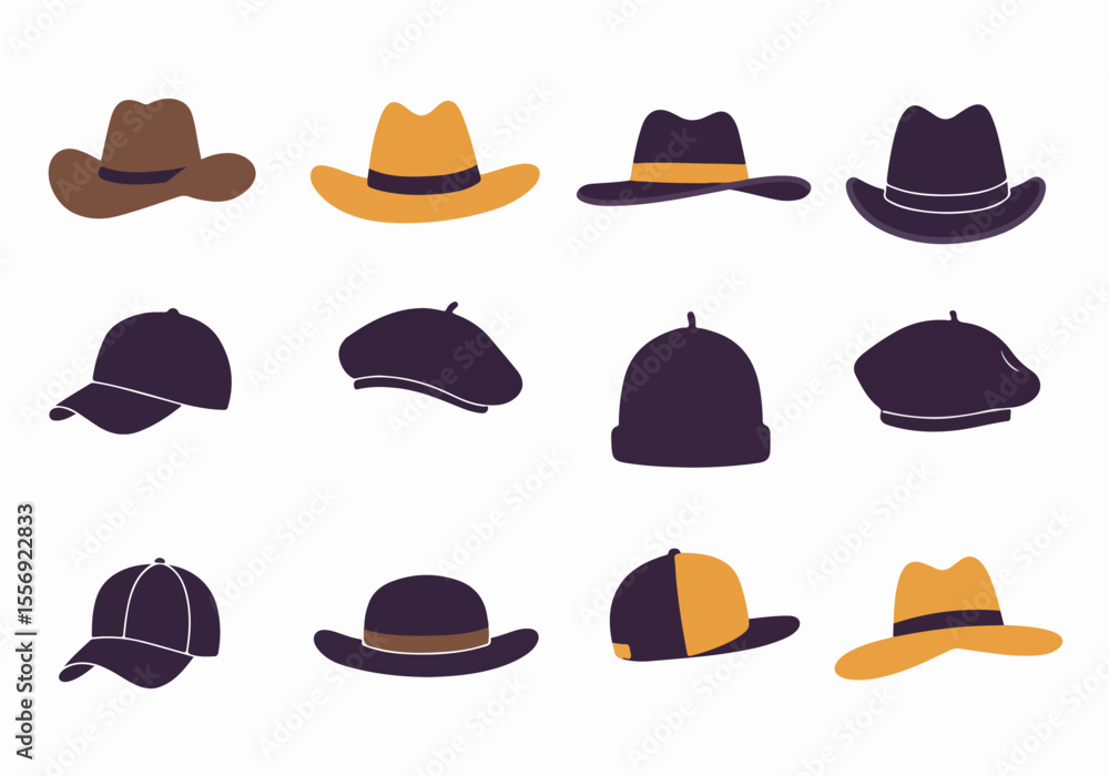 Variety of Hats and Caps Flat Style Illustration Collection Variety of Hats and Caps Flat Style Illustration Collection