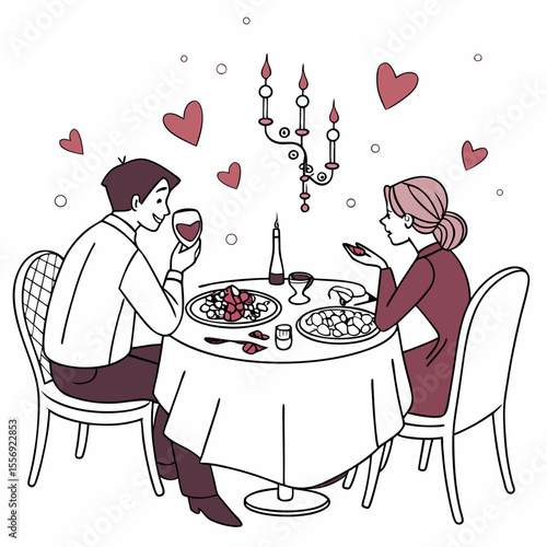 Couple enjoying romantic dinner with wine and food dining